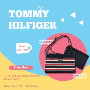 TOMMY HILFIGER 2-PC Set Womens Crossbody Bag & Clutch Navy Blue PVC Red Stripes